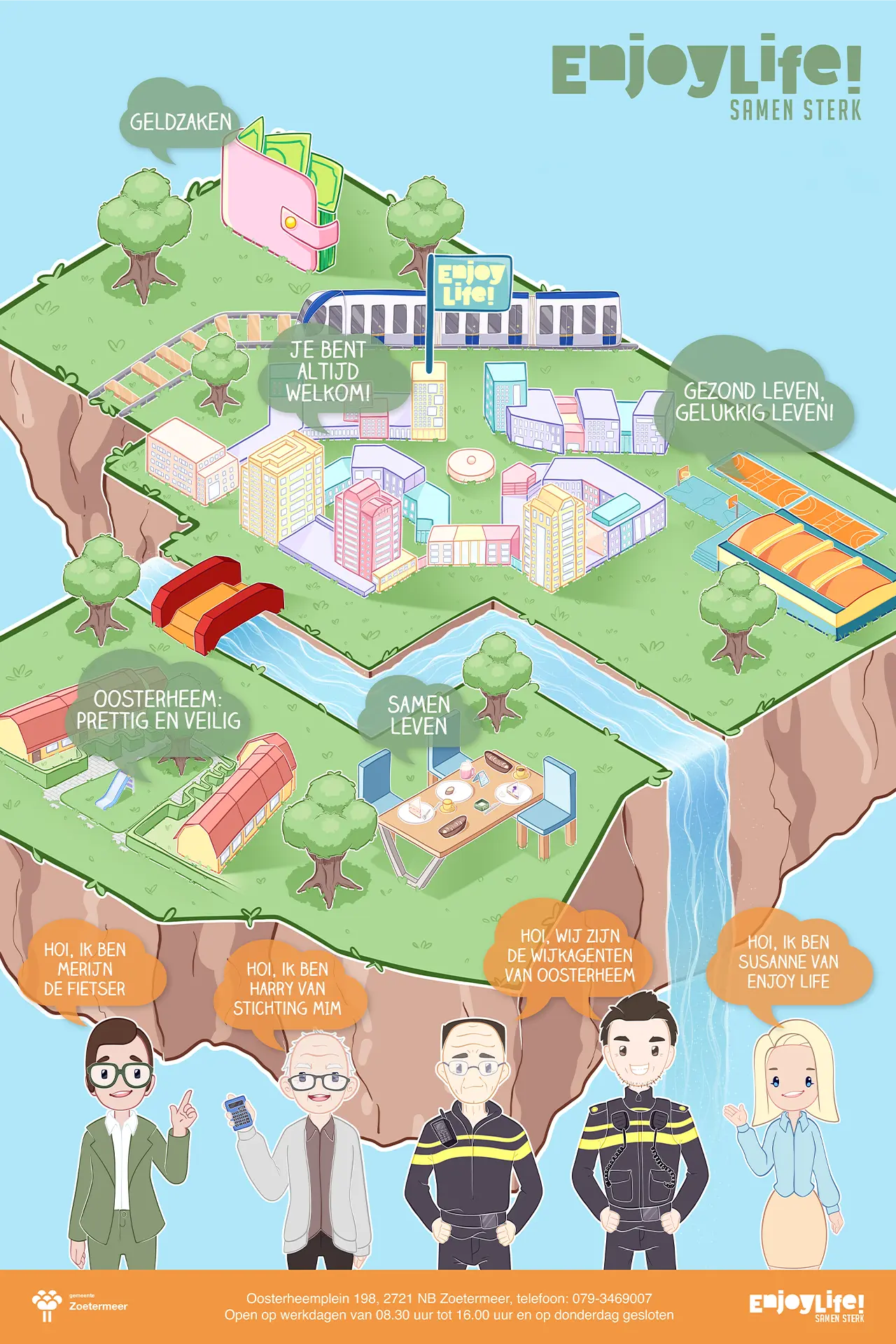 Full Enjoy Life infographic with the themes and familiar places from Oosterheem
